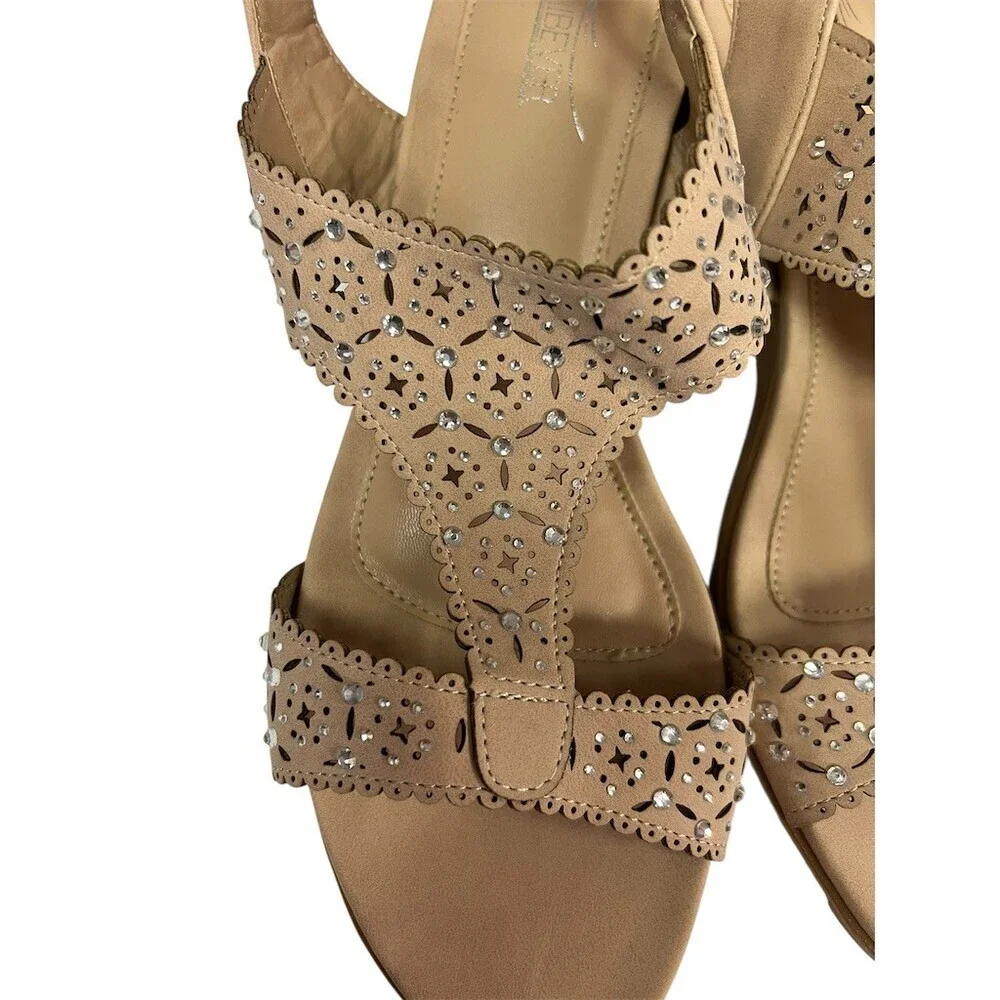 Shibever Wedge Sandals Womens Size 9 Beige Slingback Rhinestone Open Toe